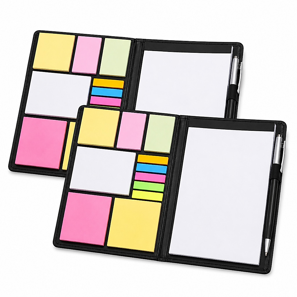 Kit 2 cadernos Anotações Couro Sintético Com Caneta E Marcadores Adesivos Escritório Home Office