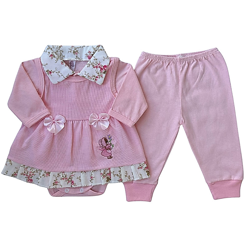 Pagão para Recém Nascido ROSA BEBÊ FEMININO Conjunto com 3 peças ( BODY+CALÇA+VESTIDO) 100% ALGODÃO