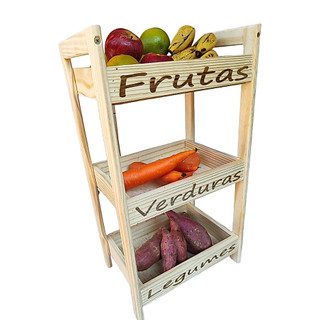 Fruteira de chão cozinha 3 Cestos madeira maciça pinus Mesinha de madeira Frutas Legumes Decoração