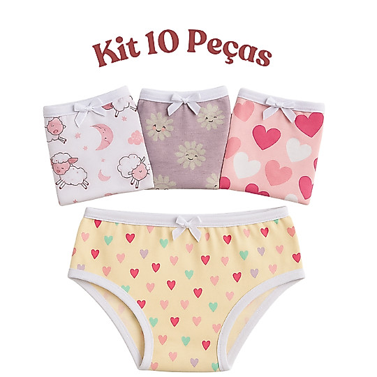 Kit 10 Calcinhas Cottom Menina Feminina Criança Malha Algodão Estampadas Confortável Forro Duplo