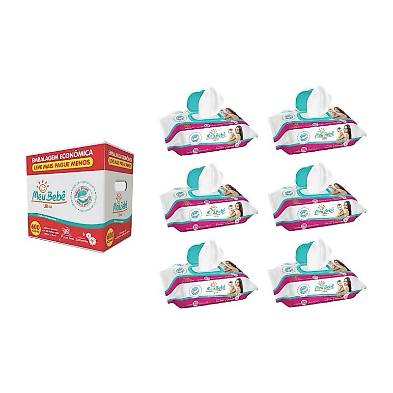 TOALHA UMEDECIDA MEU BEBÊ ULTRA PACK 600 FLS (KIT COM 6 PACOTES DE 100 FOLHAS CADA) tampa flip top e tecido ondulado