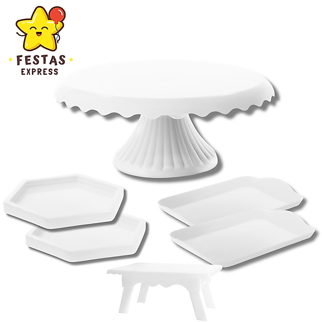 Kit Mesa de Festa - 1 Boleira Cake Renda 19cm , 2 Sextavadas , 2 20x13 e 1 Mesinha