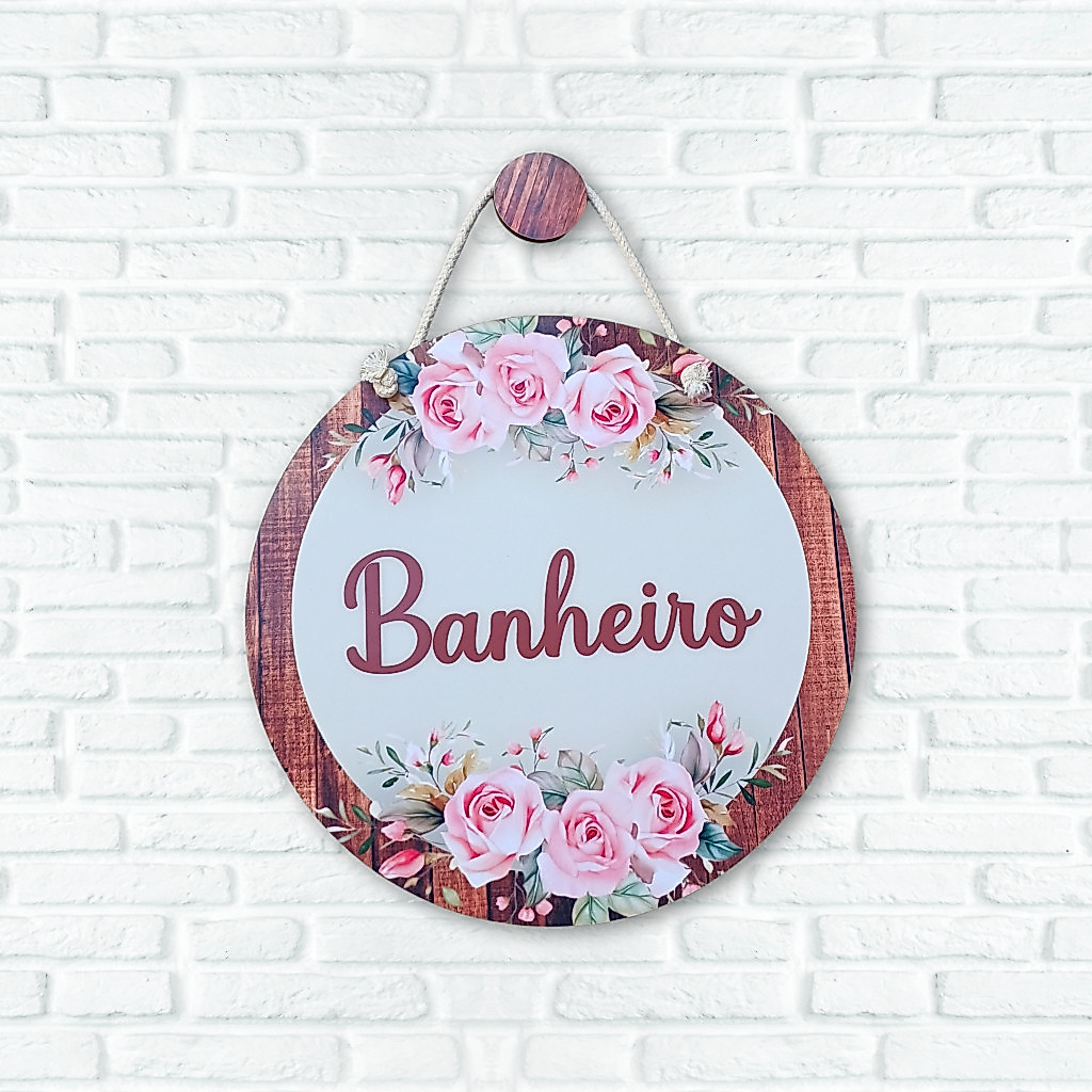 Placa Decorativa redonda de Porta Banheiro, Lavabo Floral