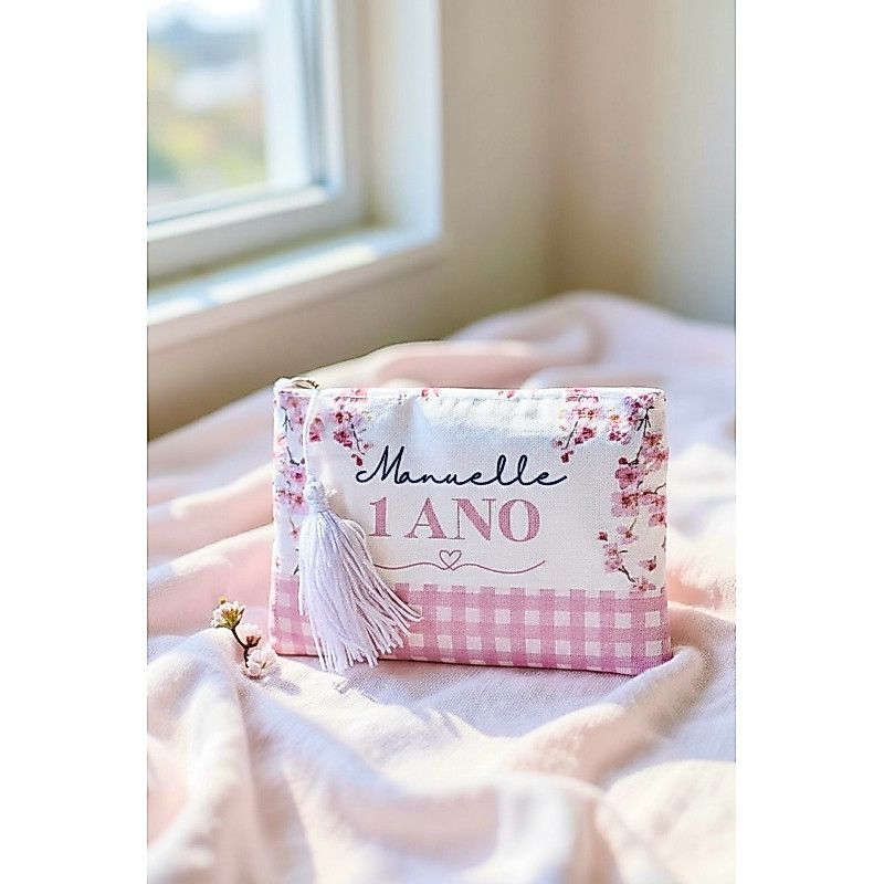 10 Necessaire bolsinha pochete Personalizada com nome 1 Ano Tema Floral Rosa Infantil– Lembrancinha Aniversário menina