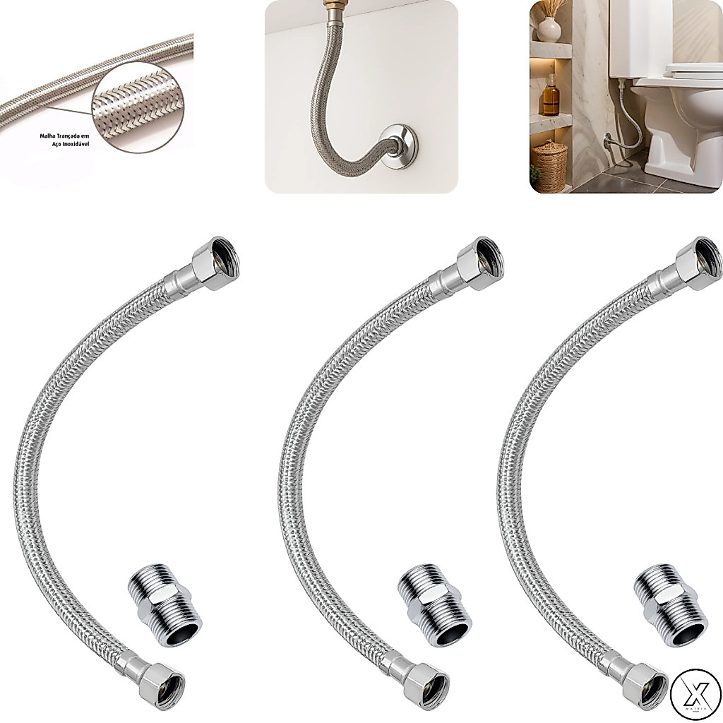 Kit 3 Engate Flexível Trancado Mangueira Flexível Aço Inox 40 Cm agua quente e fria