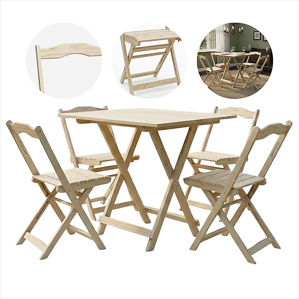 Kit Jogo Mesa Cadeiras Dobrável Madeira Pinus Bar Restaurante Área Gourmet Jardim Lazer Bistrô Madeira Crua
