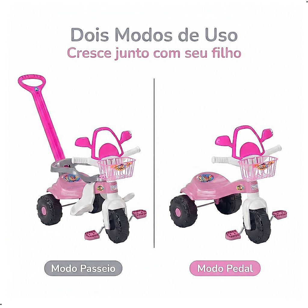 Triciclo Infantil com Empurrador Haste Pedal 2 em 1 Tico Tico Festa Up Magic Toys