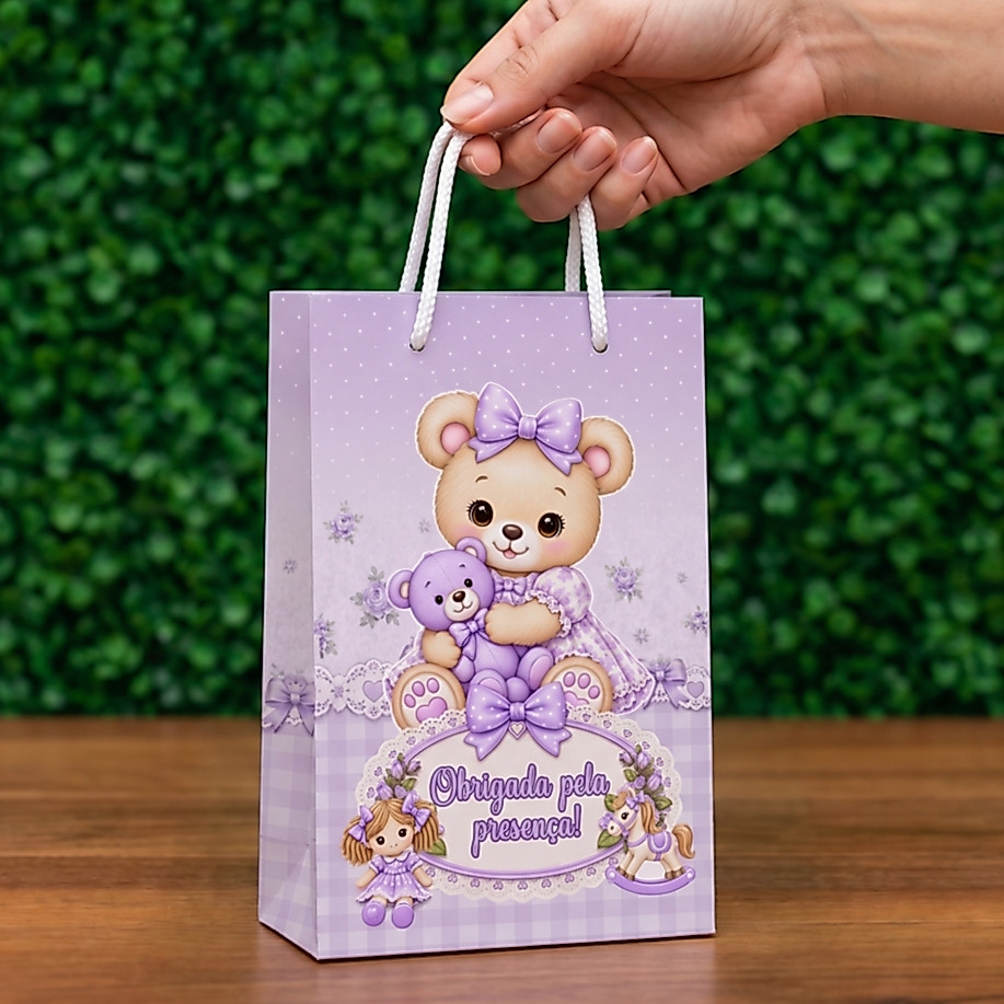 Sacolinha Personalizada Ursinha Lilas Aniversario Mesversario Batizado Lembrancinha Monte Você Mesmo