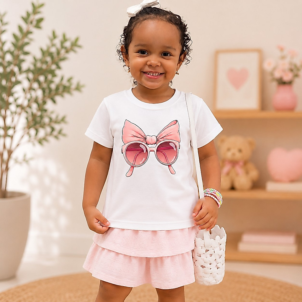 Camiseta Infantil Menina 100% Algodão Estampa Óculos com Laço Rosa Blusa Feminina Kids Confortável Infanto Juvenil