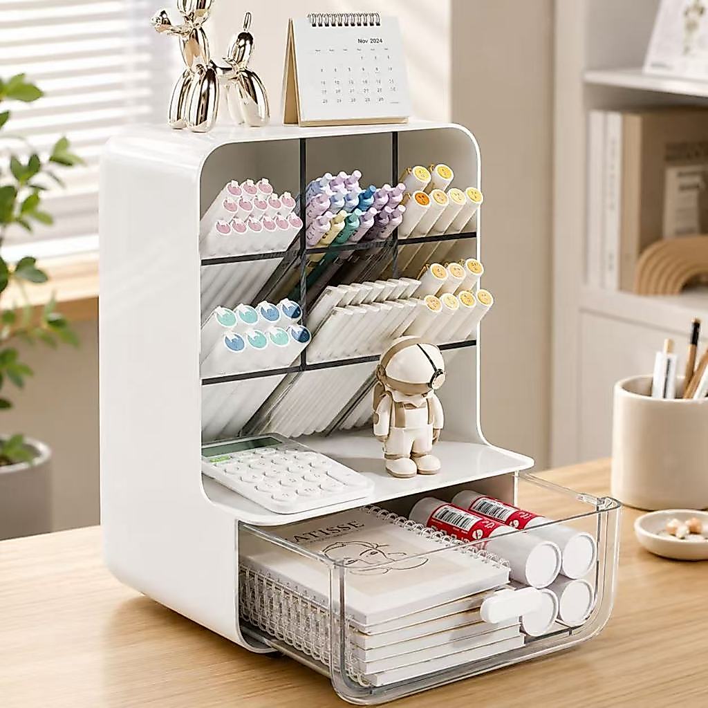 Organizador para Marcadores Canetas e Material de Desenho com Compartimentos Inclinados e Gaveta