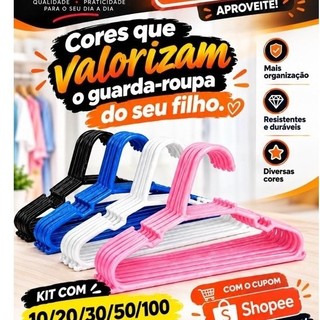Kit Até 100 Cabides Infantil Bebê Rosa 5,5mm para Roupas Criança Organizador Armário