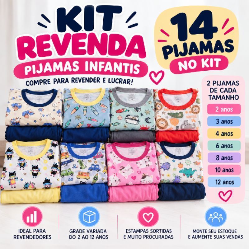 Kit 14 Conjuntos Pijama Infantil Atacado para Revenda Masculino ou Feminino Estampas Sortidas 2 ao 12 Anos Longo