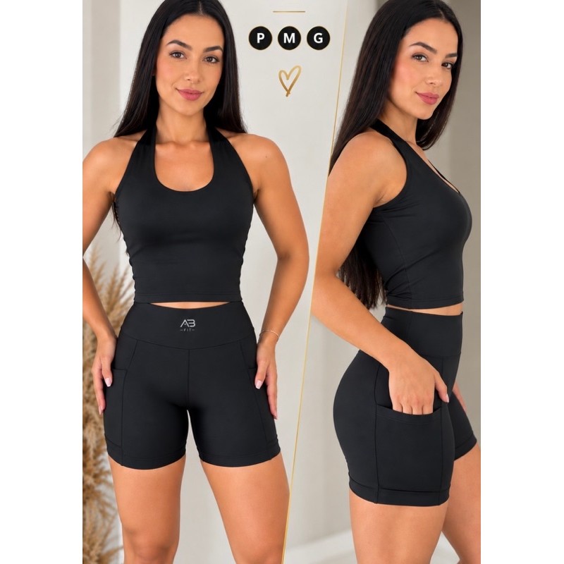 Conjunto de Corrida Short Com Bolso Feminino Blusa Frente Única Fitness Academia Esporte