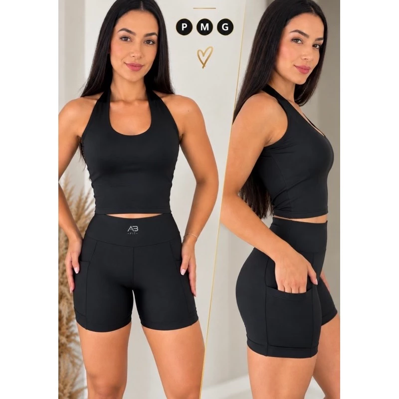 Conjunto Corrida Short Com Bolso Fitness Feminino Roupa Academia Blusa Frente Única — imagem 1