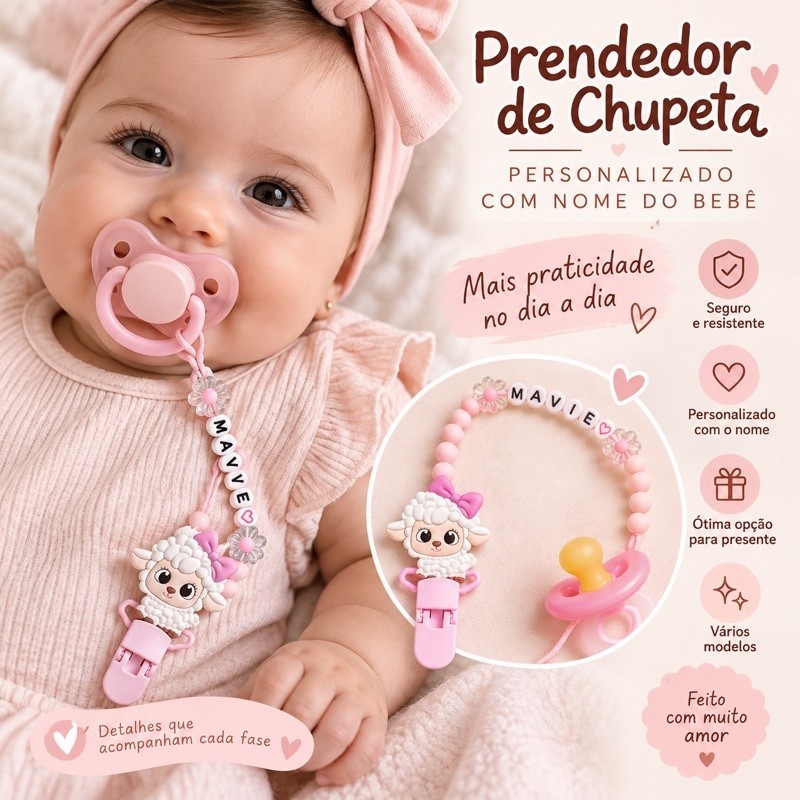 Prendedor de Chupeta personalizado com nome do bebê menina