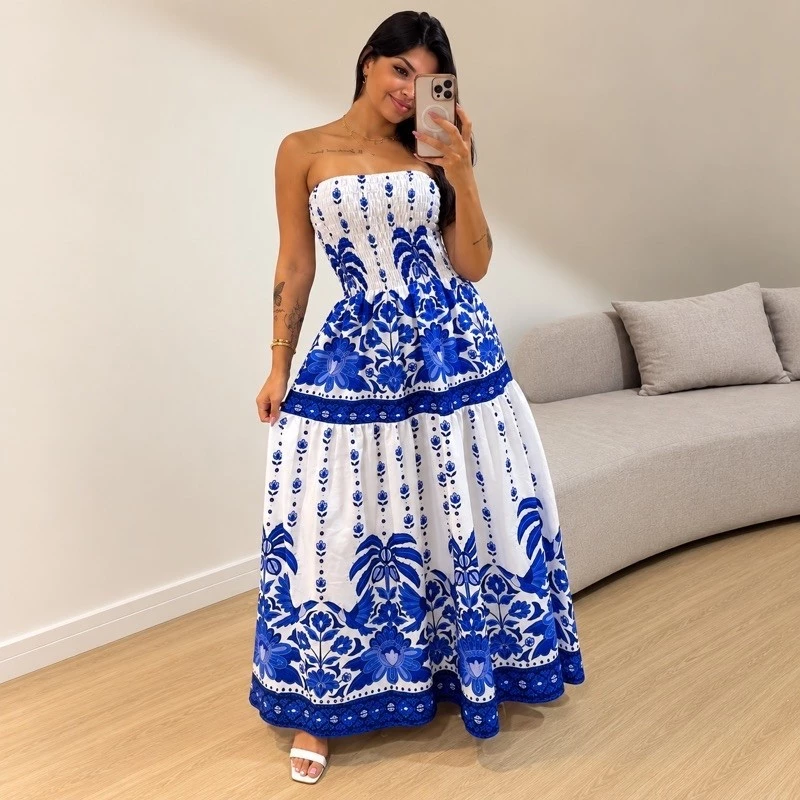 Vestido Longo Feminino Estampado Tomara que Caia Lastex Soltinho Verão Moda Praia