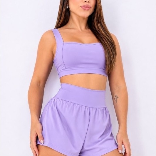 Conjunto Fitness Feminino Top + Short Duplo Suplex Premium Zero Transparência – Cintura Alta e Modelador, academia,