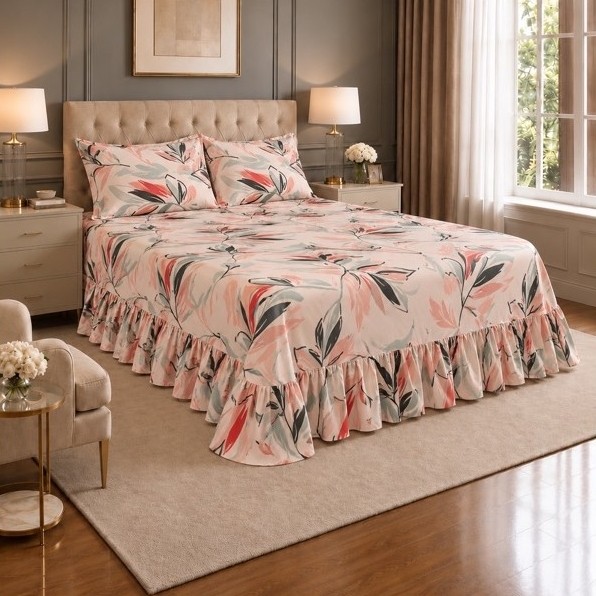 Kit Colcha Cama Cobre Leito Casal Queen C/Babado 3 Peças Estampada 400 fios Luxo