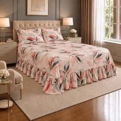 Kit Colcha Cama Cobre Leito Casal Queen C/Babado 3 Peças Estampada 400 fios Luxo