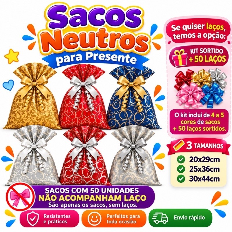 Kit 50 Sacos para Presente Neutros Estampados Embalagem para Presente Escolha o Tamanho Aniversário Embalagem Premium