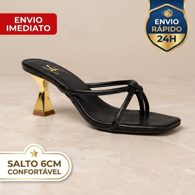 Sandália Feminina Salto Taça 6cm Tiras Fina Nó Tamanco Mulher Confortável Verão Detalhe Dourado