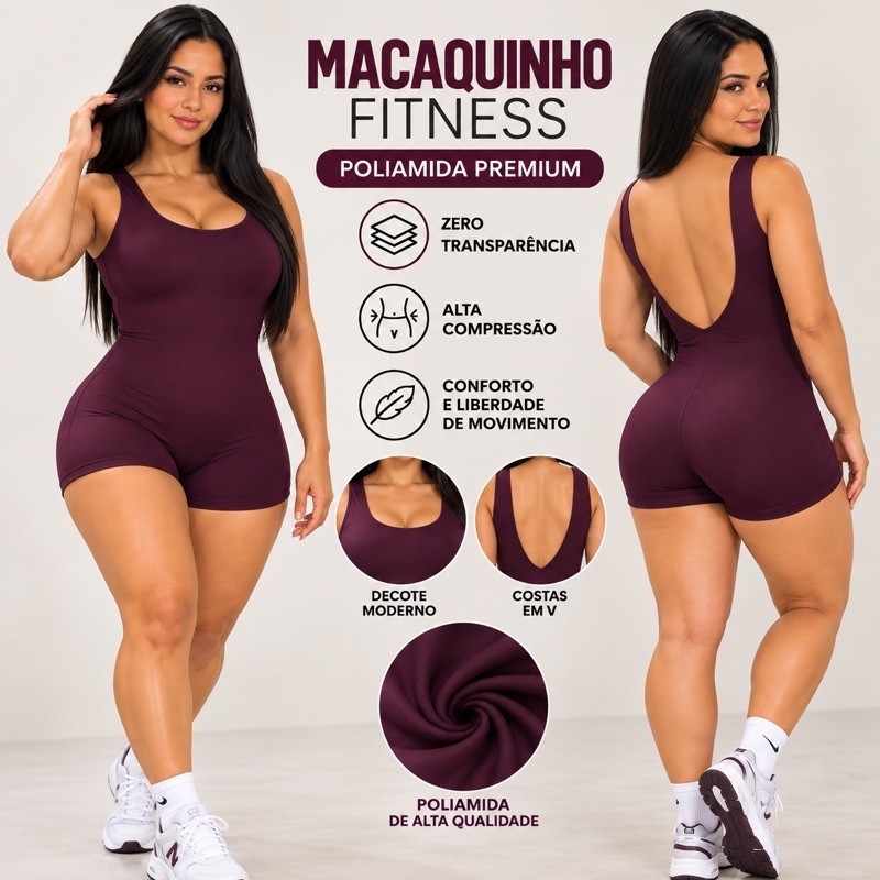 Macaquinho Fitness Feminino Poliamida Zero Transparência Alta Compressão Bojo Removível Academia