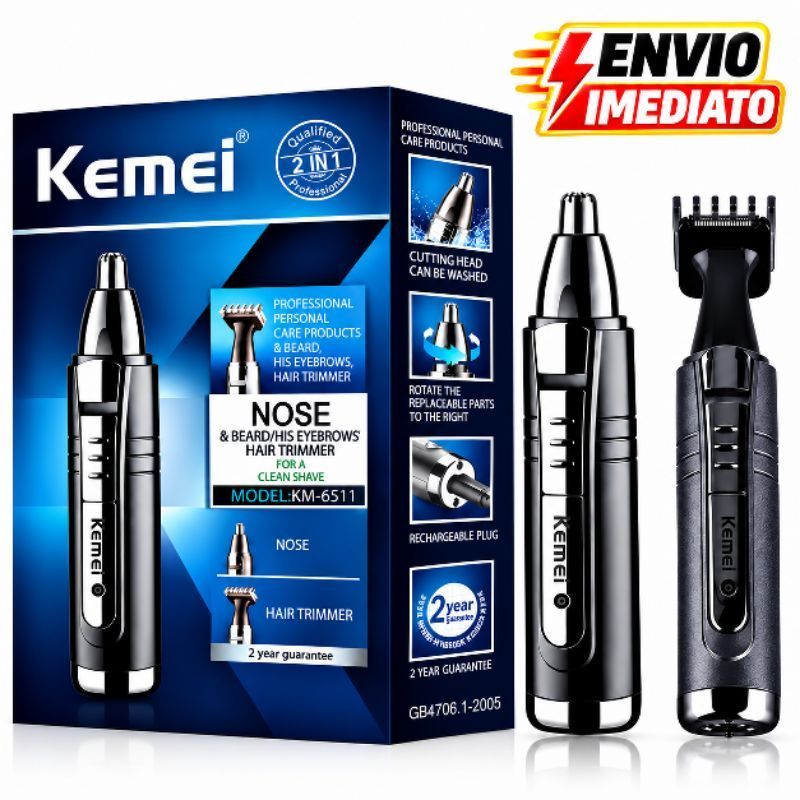 Aparador Pelos Nariz Orelha Barba Kemei KM-6511 Maquina 2 em 1 Recarregavel Bivolt
