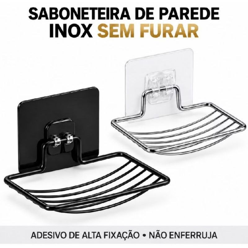 Saboneteira de Inox Preta com Adesivo Sem Furo Fixação Forte Resistente