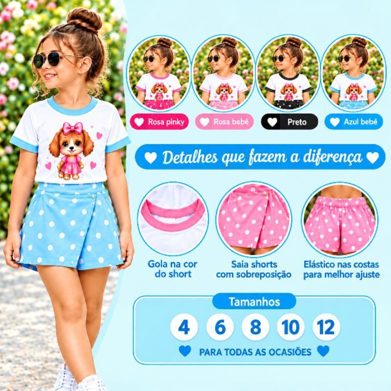 Conjunto Infantil Menina Blusa + Short Saia Cachorrinho Estampado | Roupa Infantil Feminina 4 a 12 Anos