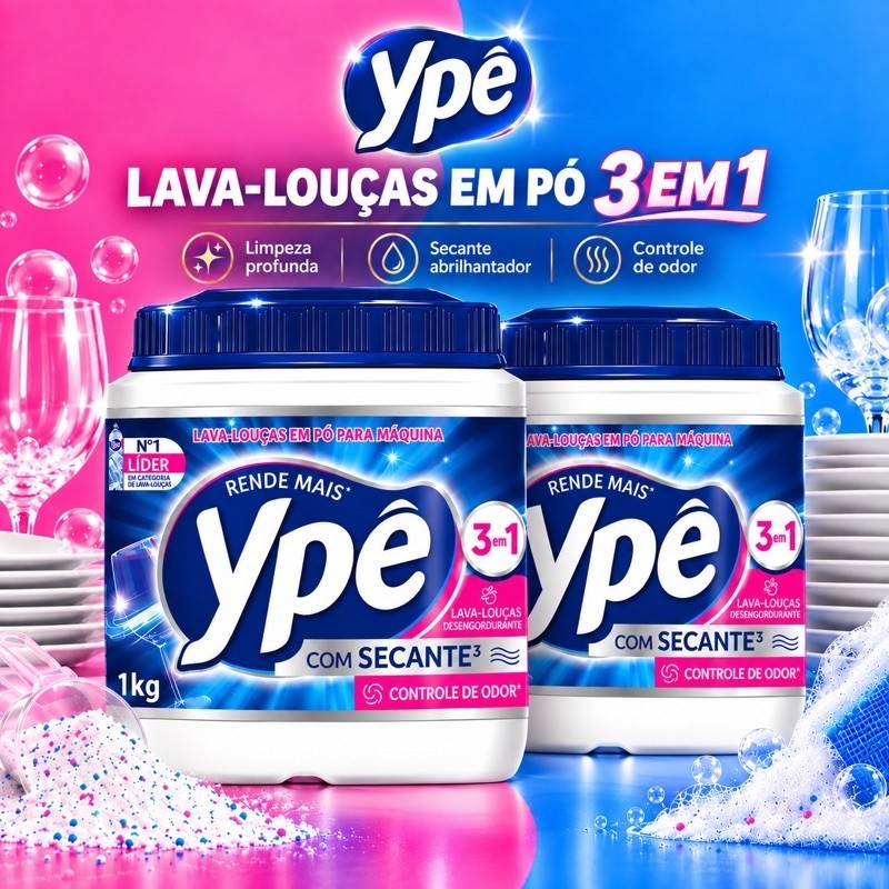 Lava Louças Ypê em Pó Concentrado com Secante 3 em 1 - Rende +40 Lavagens - 1Kg ou 450g