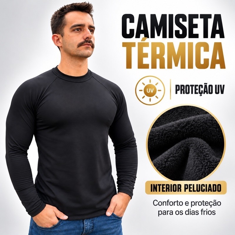 Camiseta Térmica Masculina Peluciada Manga Longa Raglan com Proteção UV para Frio, Moto e Trabalho