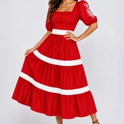 Moda Femenino d tecido duna vestido Longo Midi Casual Festa con Manga Bufante Bordado Feminino Importado Tendência 2026