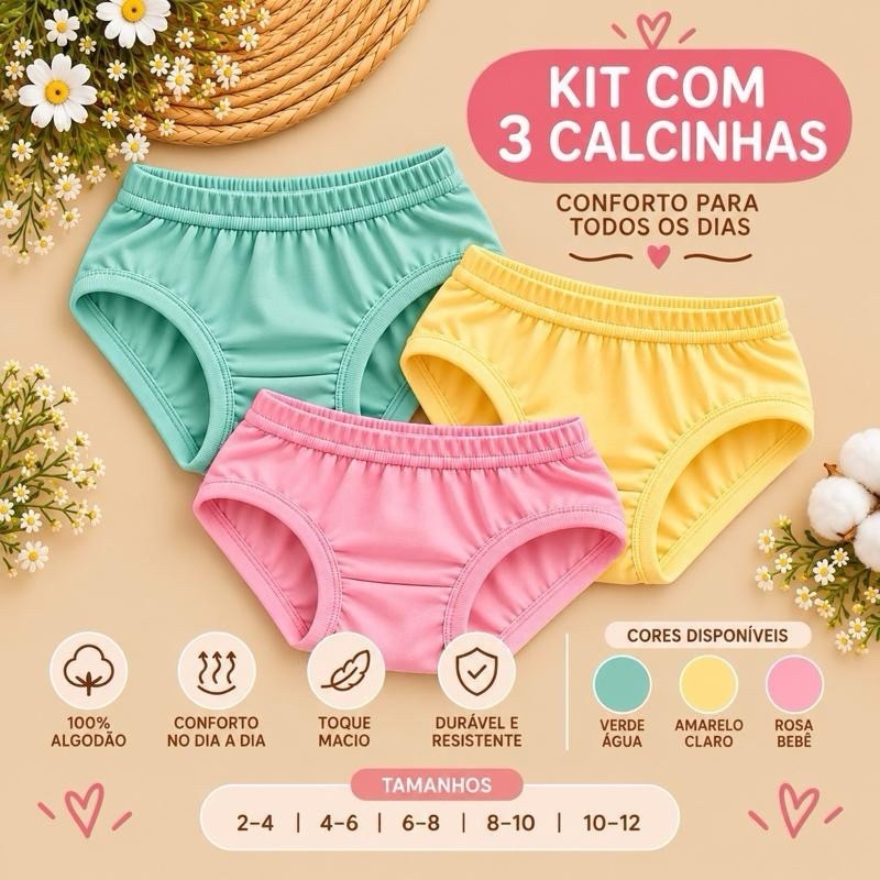 KIT CALCINHAS INFANTIS MENINA 100% ALGODÃO CONFORTÁVEL ROUPA ÍNTIMA INFANTIL BÁSICA CALCINHA MENINA 2 A 12 ANOS