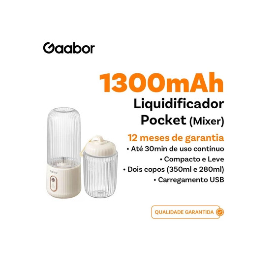 Liquidificador Portátil Gaabor Pocket USB 350ml e 280ml Recarregável com 4 Lâminas Inox Bivolt Branco