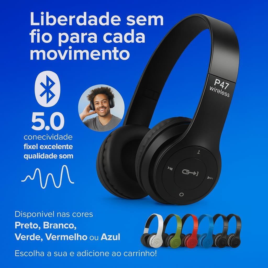 Fone Bluetooth P47 Sem Fio Headphone Dobrável com Microfone, Bateria Longa, Compatível Android iOS, Alta Qualidade e Con