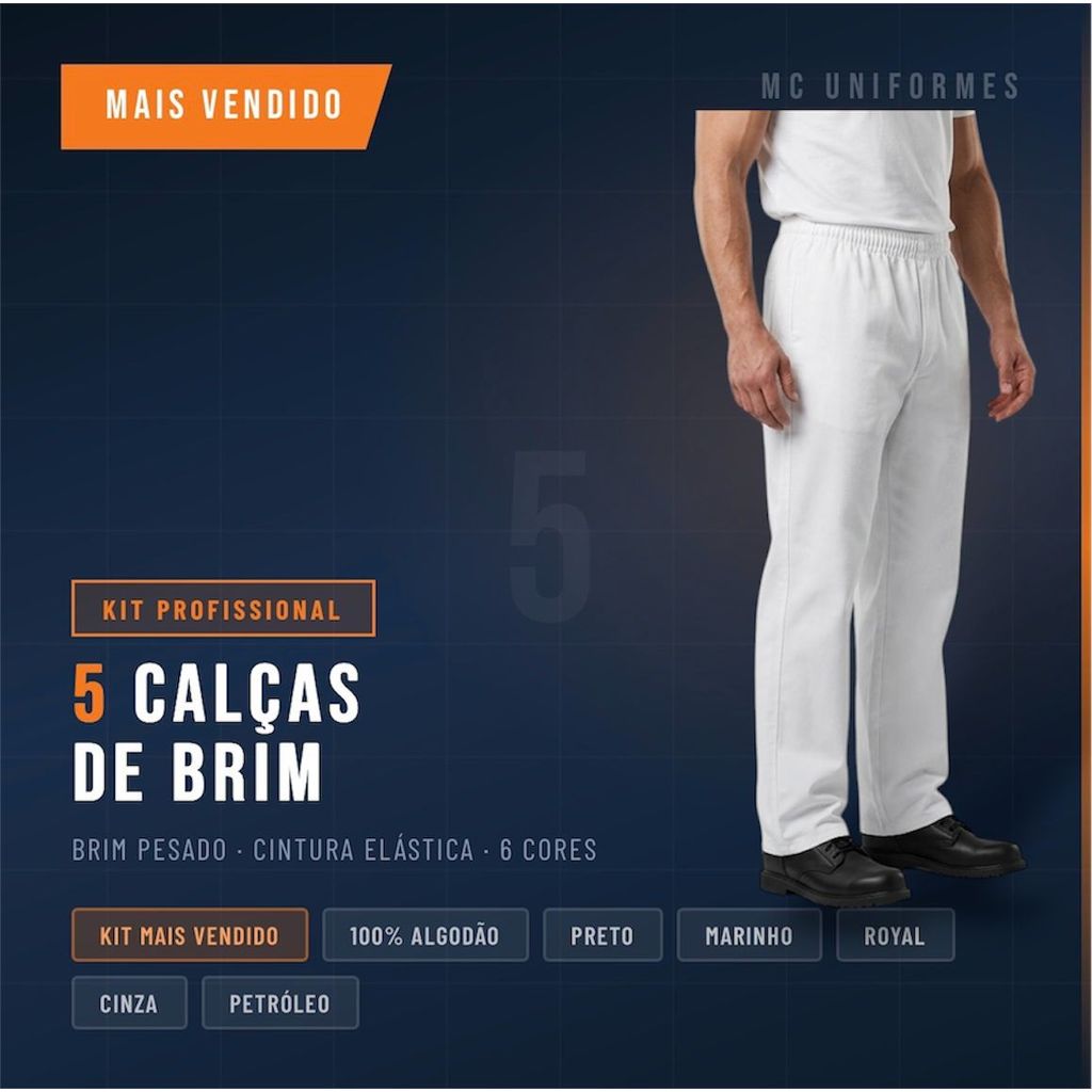 Kit 5 Calças Brim Operacional Reforçada Uniforme Trabalho Preto Marinho Cinza