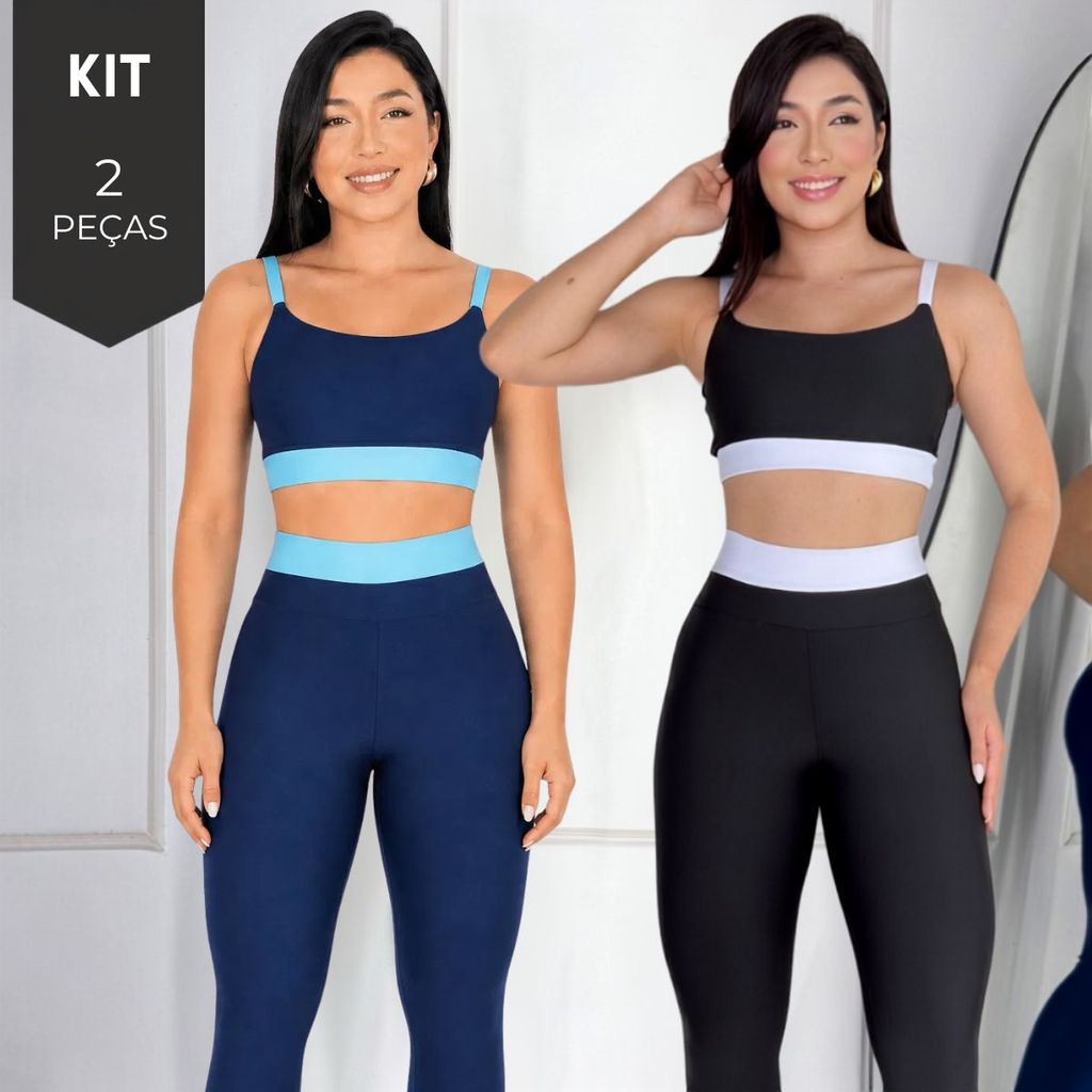Kit 2 Conjunto Academia Feminino Fitness Bicolor Suplex Cintura Alta Top Cropped Alcinha