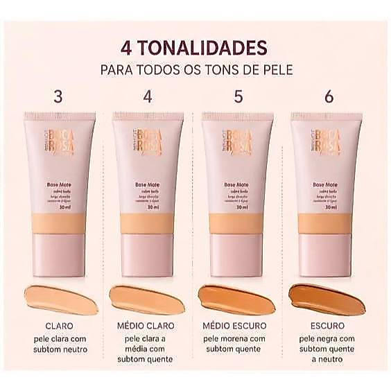 Base Mate Boca Rosa Beauty 30ml Cobertura Alta Longa Duração Acabamento Matte Tons 3 4 5