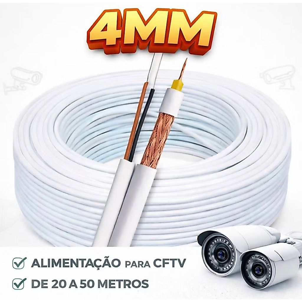 Cabo Coaxial 4mm + Bipolar Para Instalações De Câmeras CFTV RF 20 30 e 50 Metros