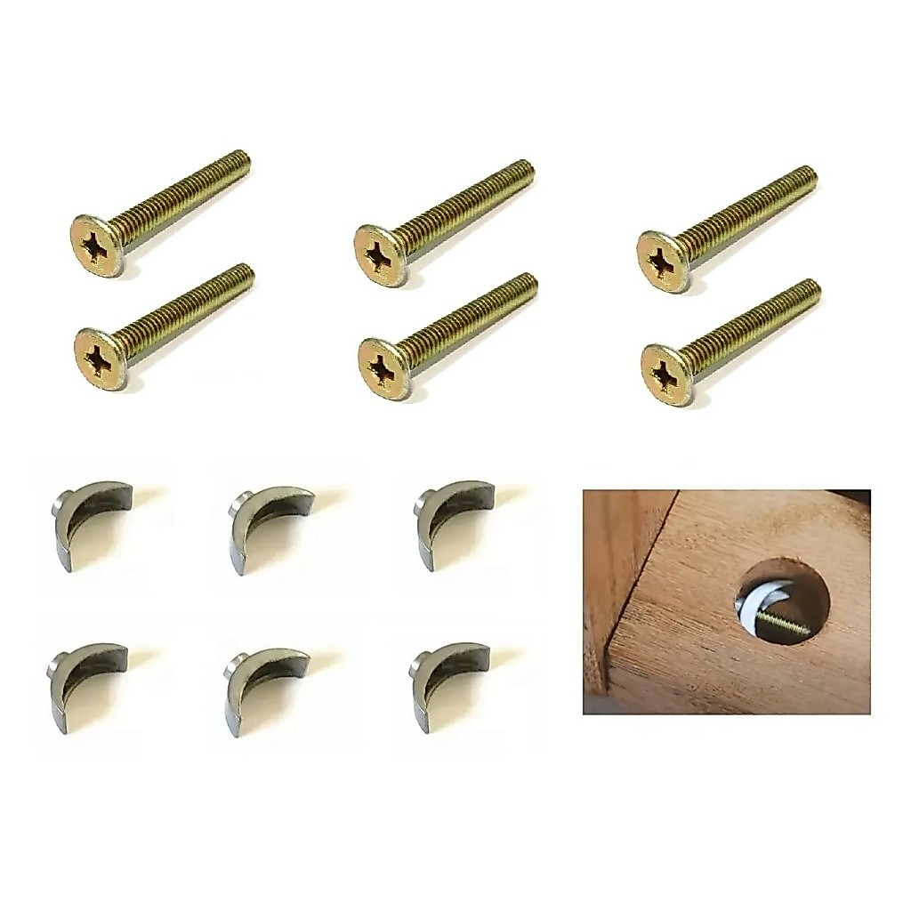 Parafuso Com Porca Meia Lua Elíptica Para Montagem de Cama, Mesa e Cadeira de Madeira 1/4 x 6,5 cm Kit C/12 Peças