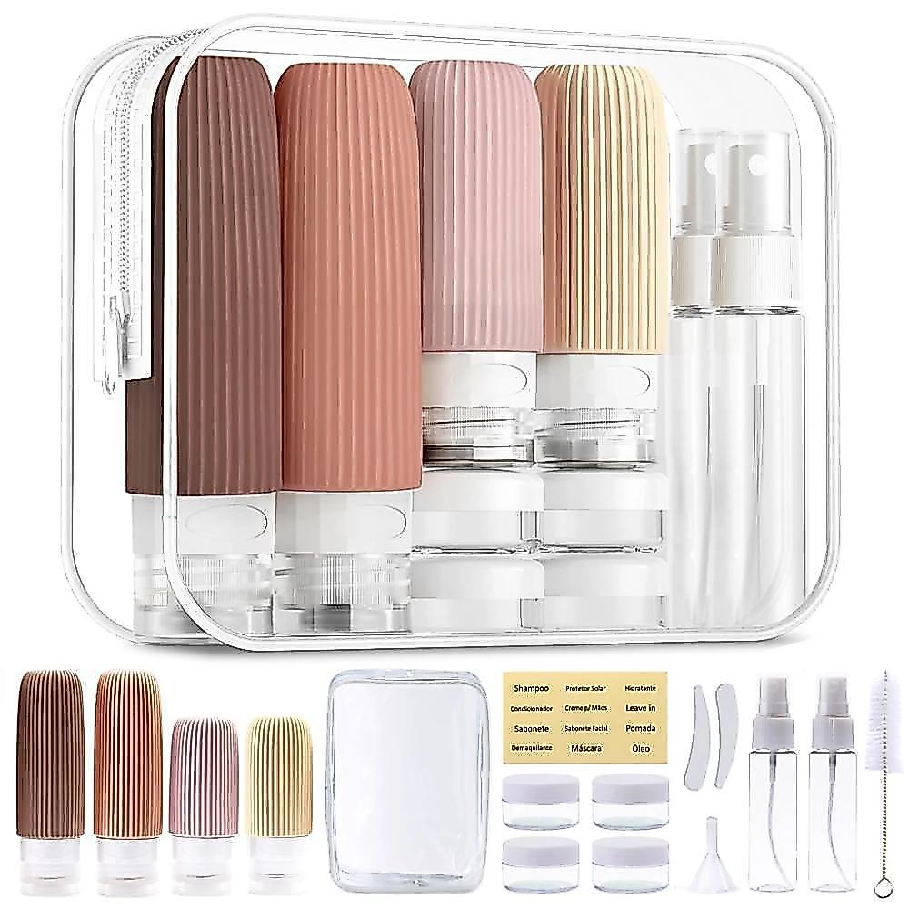 Imagem KIT FRASCOS PARA VIAGEM 16 PEÇAS COM NECESSAIRE ORGANIZADOR PARA COSMÉTICOS E HIGIENE PESSOAL
