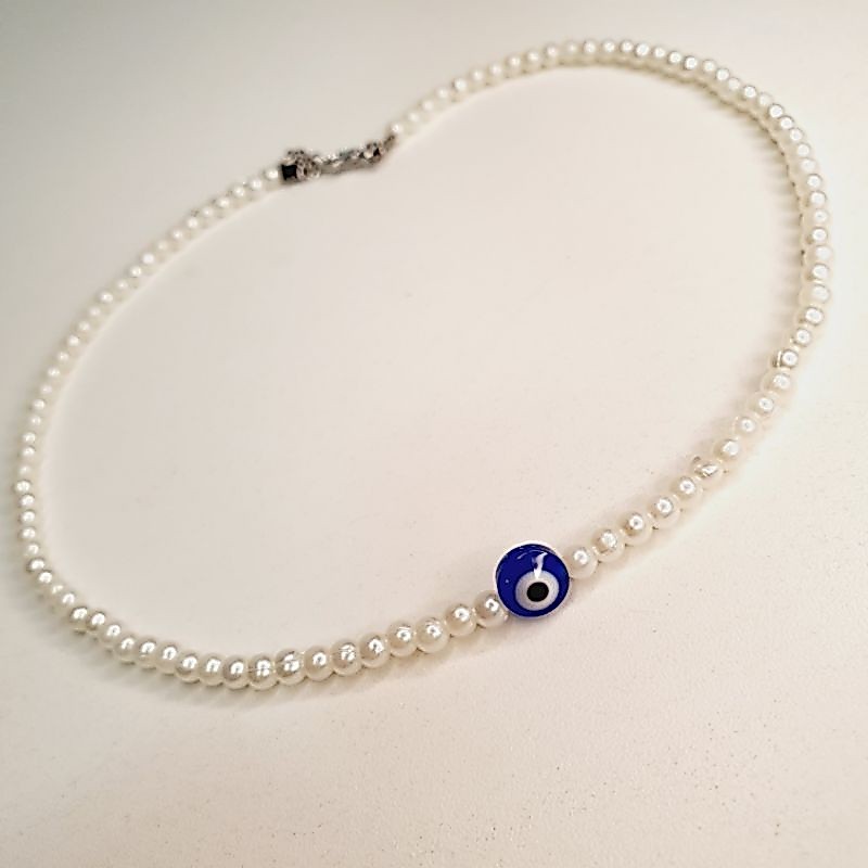 Colar de Pérolas com pingente de olho Grego azul / Choker de Pérolas / Colar de Pérolas delicado