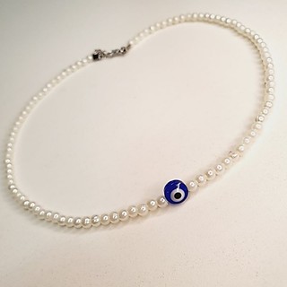 Colar de Pérolas com pingente de olho Grego azul / Choker de Pérolas / Colar de Pérolas delicado