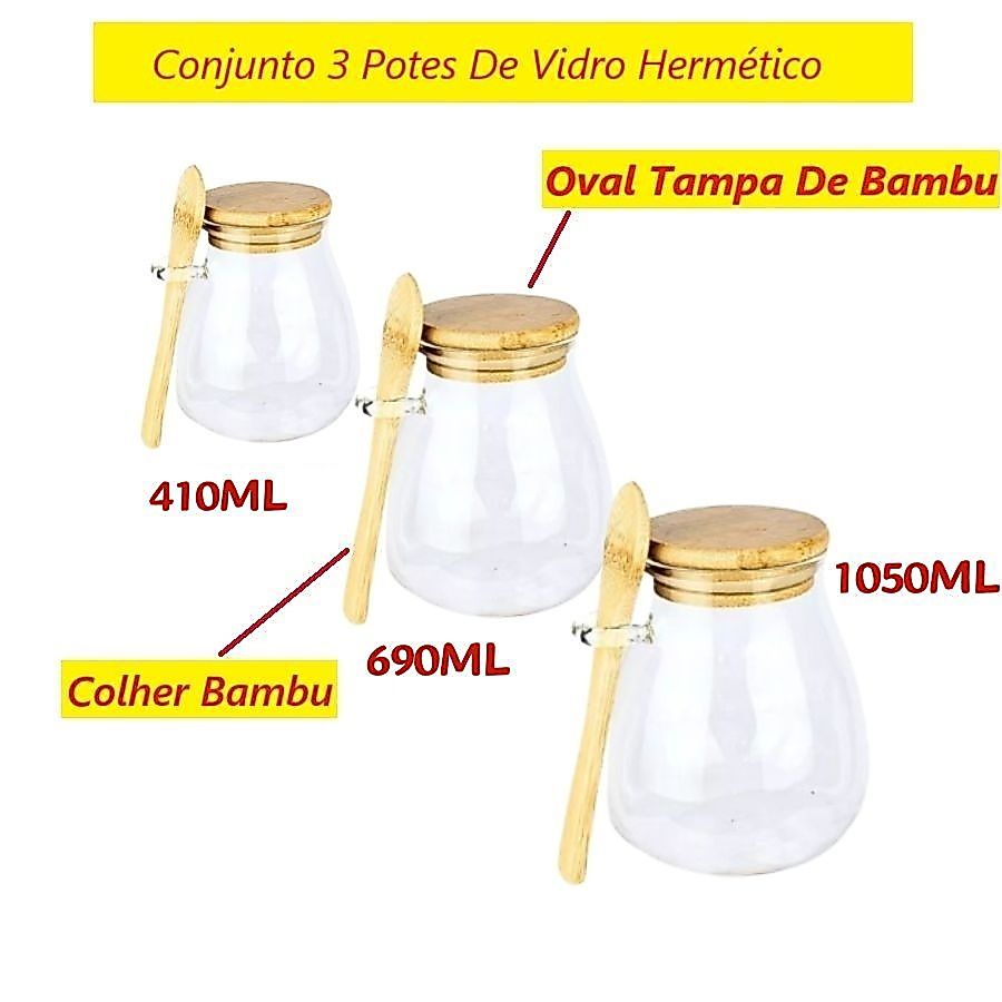 Potes De Vidro Hermético 230ML 410ML 690ML 1050ML Oval Tampa E Colher Bambu Para Organização