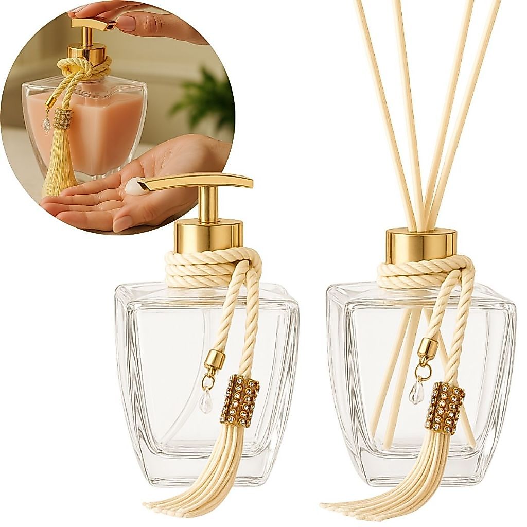 Kit Banheiro Vidros Transparente Porta Saboneteira Cromada E Difusor Luxo Com Enfeite