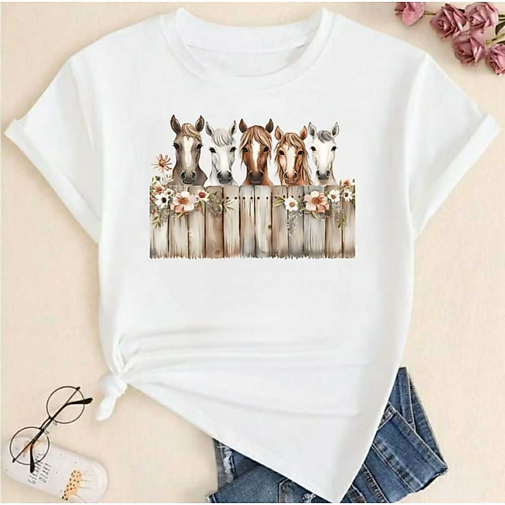 Camiseta Feminina Estampa 100% Algodão Premium Estilosa Camiseta Cavalo Blusa Feminina Confortável