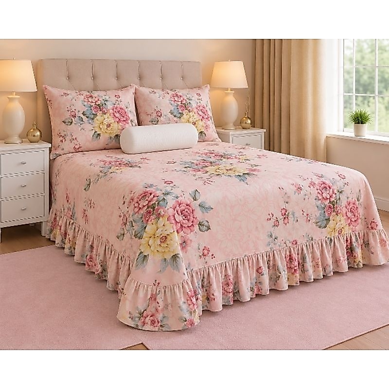 Kit Colcha Cama Cobre Leito Casal Queen C/Babado 3 Peças Estampada 400 fios Luxo