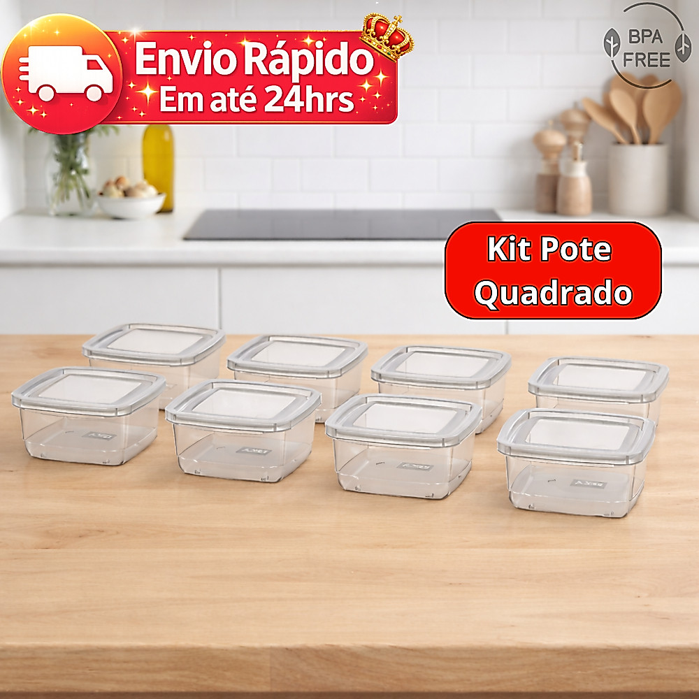 Kit Pote Quadrado 270ml com Tampa, Jogo Pote Plástico BPA free, Conjunto Pote Mini Quadrado Fitness