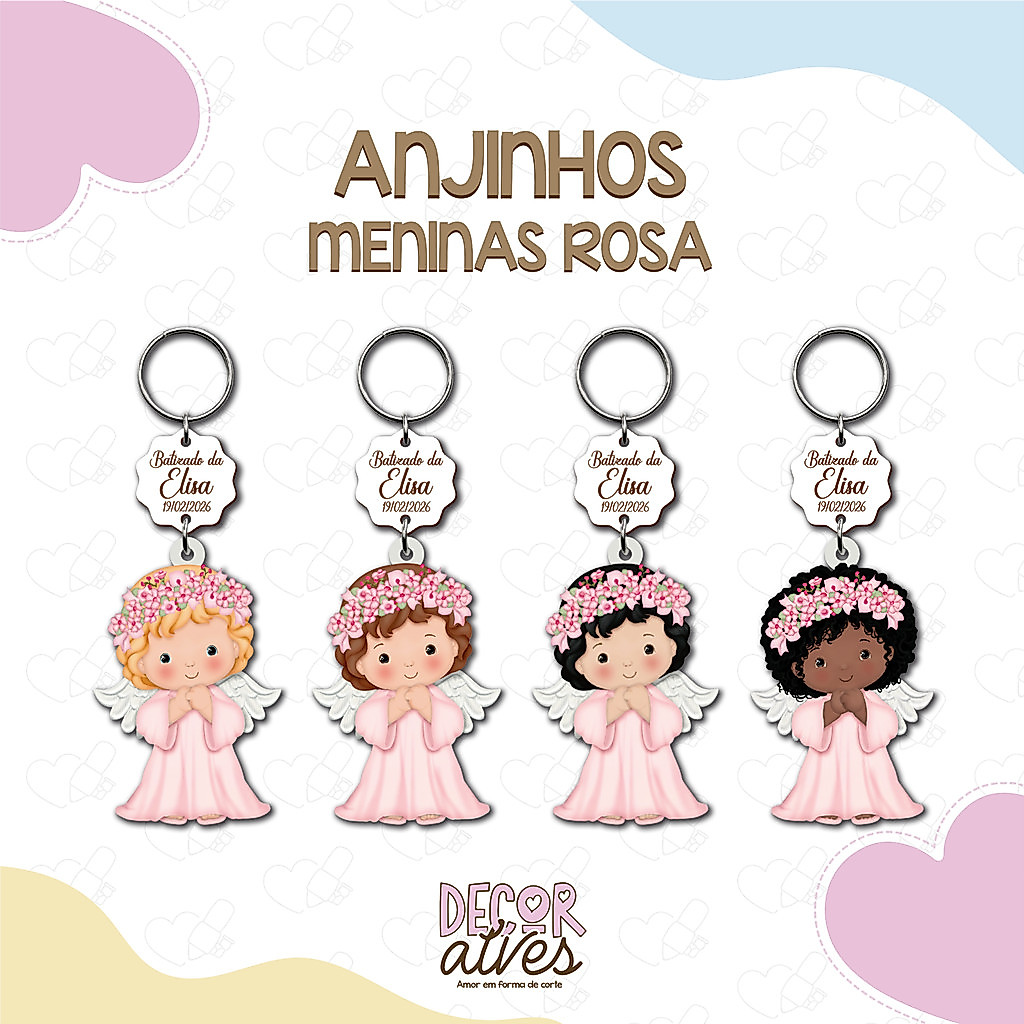 Anjinhas Batizado ROSA / MENINAS - Chaveiro Personalizado MDF brilhoso Lembrancinha infantil