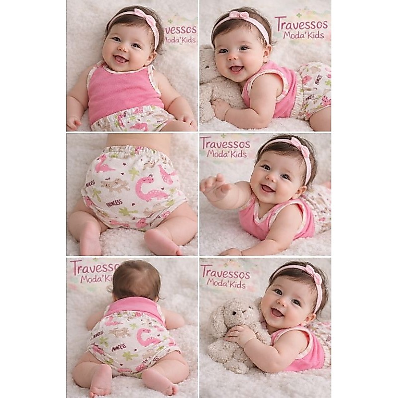 Pijama para Bebê Menina Regata e Tapa Fralda Retrô Estampado